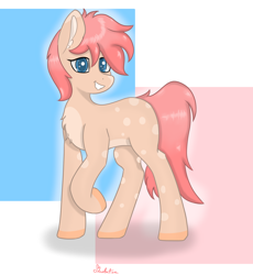 Size: 1280x1392 | Tagged: safe, artist:marbatra, derpibooru exclusive, oc, oc only, oc:strawberry buttercream, earth pony, pony, abstract background, chest fluff, colored pupils, ear fluff, earth pony oc, grin, male, raised hoof, signature, smiling, solo, stallion