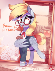 Size: 1080x1382 | Tagged: safe, artist:nevobaster, derpy hooves, pegasus, pony, g4, businessmare, clothes, crack, cute, derp, derpabetes, dialogue, female, folder, glasses, looking at you, mare, meganekko, office, office lady, pencil, round glasses, solo, suit, wing hands, wing hold, wings, writing