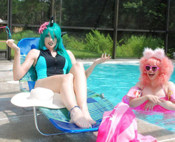 Size: 749x612 | Tagged: safe, artist:amazonmandy, artist:angelsamui, queen chrysalis, oc, oc:fluffle puff, human, g4, barefoot, clothes, cosplay, costume, feet, irl, irl human, photo, sunglasses, swimming pool