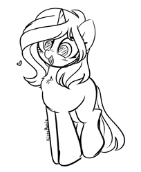 Size: 3062x3754 | Tagged: safe, artist:kittyrosie, oc, oc only, pony, unicorn, chest fluff, floating heart, heart, high res, horn, monochrome, open mouth, sketch, solo, unicorn oc