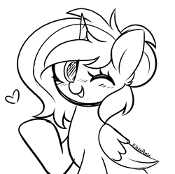 Size: 2686x2665 | Tagged: safe, artist:kittyrosie, oc, oc only, alicorn, pony, alicorn oc, floating heart, heart, high res, horn, monochrome, one eye closed, open mouth, sketch, solo, tongue out, wings