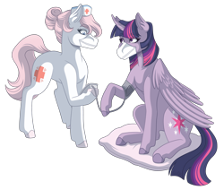 Size: 3300x2800 | Tagged: safe, artist:monnarcha, nurse redheart, twilight sparkle, alicorn, earth pony, pony, g4, curved horn, duo, duo female, ear fluff, eyebrows, eyebrows visible through hair, female, folded wings, full body, hat, high res, holding, horn, looking at someone, looking at something, looking down, mare, mask, nurse hat, pillow, raised hoof, shading, simple background, sitting, standing, tail, three quarter view, transparent background, twilight sparkle (alicorn), wings