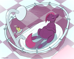 Size: 5334x4266 | Tagged: safe, artist:convexpert, fizzlepop berrytwist, tempest shadow, pony, unicorn, g4, bathroom, bathtub, belly, belly button, big belly, broken horn, eyes closed, female, horn, mare, pregest shadow, pregnant, shower, shower curtain, sitting, smiling, solo, tiles, wet, wet mane