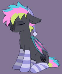 Size: 840x1000 | Tagged: safe, artist:luminousdazzle, oc, oc only, oc:black opal, bat pony, pony, bat pony oc, bed mane, chest fluff, clothes, colored, ear fluff, eyes closed, facial markings, fangs, female, flat colors, floppy ears, folded wings, hat, mare, simple background, sleepy, socks, solo, striped socks, wings