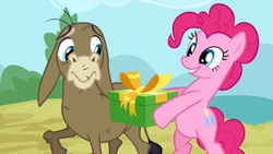 Size: 1280x720 | Tagged: safe, screencap, cranky doodle donkey, pinkie pie, donkey, earth pony, pony, a friend in deed, g4, bipedal, duo, female, male, mare, present