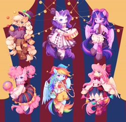 Size: 4757x4623 | Tagged: safe, artist:leafywind, applejack, fluttershy, pinkie pie, rainbow dash, rarity, twilight sparkle, alicorn, earth pony, pegasus, pony, unicorn, absurd resolution, accordion, alternate hairstyle, ball, bipedal, bow, braid, braided tail, bunting, circus, clothes, cute, dashabetes, diapinkes, dress, drums, female, hair bow, hat, jackabetes, jester hat, juggling, loop-de-hoop, mane six, mare, musical instrument, pinktails pie, raribetes, ruff (clothing), shyabetes, tail, twiabetes, twilight sparkle (alicorn), watermark