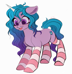Size: 808x834 | Tagged: safe, artist:vetta, izzy moonbow, pony, unicorn, g5, my little pony: a new generation, clothes, cute, female, floppy ears, happy, izzybetes, mare, open mouth, open smile, simple background, smiling, socks, solo, striped socks, white background