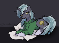 Size: 1284x952 | Tagged: safe, artist:fernfalls, oc, oc:cunning coin, pony, unicorn, clothes, commission, lying down, pillow, solo, sweater