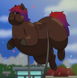 Size: 1600x1631 | Tagged: safe, artist:brushwork, oc, oc:shaded star, balloon pony, inflatable pony, pegasus, pony, air inflation, belly, big belly, blimp, butt, commission, floating, helium inflation, huge belly, huge butt, humiliation, impossibly large belly, impossibly large butt, inflated ears, inflated head, inflated hooves, inflation, large butt, male, parade balloon, public humiliation, puffy cheeks, ropes, stallion, thighs, thunder thighs, ych result, your character here