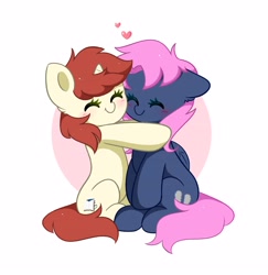 Size: 3892x4006 | Tagged: safe, artist:kittyrosie, oc, oc only, pegasus, pony, unicorn, blushing, commission, cute, duo, eyes closed, female, floating heart, heart, holiday, horn, hug, mare, oc x oc, pegasus oc, shipping, simple background, unicorn oc, valentine's day, white background, ych result