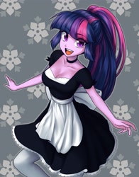 Size: 3218x4096 | Tagged: safe, artist:rileyav, twilight sparkle, equestria girls, abstract background, adorasexy, alternate hairstyle, breasts, busty twilight sparkle, choker, cleavage, clothes, commission, cute, dress, eye clipping through hair, eyebrows, eyebrows visible through hair, featured image, female, happy, looking at you, maid, maidlight sparkle, open mouth, open smile, ponytail, sexy, smiling, smiling at you, solo, stockings, thigh highs, twiabetes