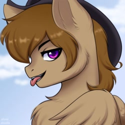 Size: 960x960 | Tagged: safe, artist:alunedoodle, oc, oc only, oc:talu gana, pegasus, pony, :p, bust, chest fluff, commission, commissioner:biohazard, cowboy hat, ear fluff, eyebrows, flirting, hat, looking at you, male, pegasus oc, purple eyes, simple background, solo, stallion, stetson, tongue out, ych result