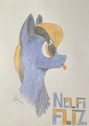 Size: 2280x3214 | Tagged: safe, artist:nelfi_fliz, oc, oc only, oc:nelfi_fliz, pegasus, pony, high res, pegasus oc, solo, tongue out, traditional art