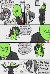 Size: 728x1071 | Tagged: safe, artist:happy harvey, rumble, oc, oc:anon, oc:filly anon, angel, devil, human, pegasus, pony, g4, bisexual, bow, clothes, colt, comic, crossdressing, demon wings, devil horns, dialogue, drawthread, female, filly, foal, hair bow, halo, horns, male, meme, needless, phone drawing, ponified, ponified meme, shoulder angel, shoulder devil, sparkles, speech bubble, suit, trap, wings