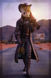 Size: 789x1200 | Tagged: safe, artist:sgt.acey, oc, oc only, oc:talu gana, pegasus, anthro, plantigrade anthro, 3d, action pose, anthro oc, artillery, clothes, commissioner:biohazard, cowboy hat, eyebrows, fallout, fallout: new vegas, gift art, gun, hat, looking at you, male, ncr ranger, pegasus oc, purple eyes, raffle prize, rifle, sniper rifle, solo, stallion, stetson, walking, weapon