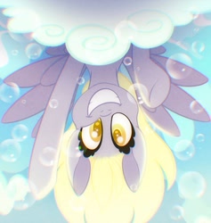Size: 1583x1668 | Tagged: safe, artist:carouselunique, derpy hooves, pegasus, pony, g4, bubble, cloud, cute, derpabetes, februpony, female, looking at you, mare, smiling, smiling at you, solo, upside down