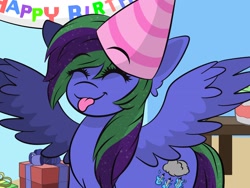 Size: 1920x1440 | Tagged: safe, artist:doodle-hooves, oc, oc only, oc:lishka, pegasus, pony, :p, ^^, cake, eye clipping through hair, eyebrows, eyebrows visible through hair, eyelashes, eyes closed, female, food, gift art, happy birthday, hat, mare, party hat, pegasus oc, present, solo, spread wings, tail, tongue out, two toned mane, two toned tail, wings