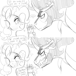 Size: 3000x3000 | Tagged: safe, artist:gingygin, king sombra, pinkie pie, twilight sparkle, alicorn, earth pony, pony, unicorn, g4, ..., 2 panel comic, comic, crystal, dialogue, drool, fangs, female, grayscale, grin, high res, male, mare, monochrome, nervous, sharp teeth, sketch, smiling, sombra eyes, speech bubble, stallion, sweat, sweating profusely, teeth, that pony sure does love crystals, twilight sparkle (alicorn)