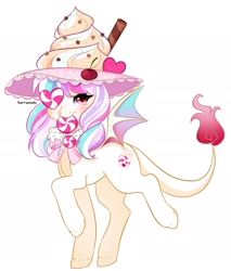 Size: 1633x1918 | Tagged: safe, artist:karramelo, oc, oc only, oc:magic sprinkles, bowtie, candy, cherry, food, hat, lollipop, simple background, white background