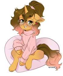 Size: 1596x1925 | Tagged: safe, artist:karramelo, oc, oc only, pony, unicorn, clothes, freckles, glasses, horn, pillow, ponytail, simple background, sweater, unicorn oc, white background