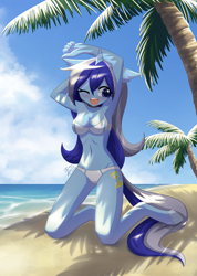 Size: 1000x1407 | Tagged: dead source, safe, artist:howxu, minuette, anthro, unguligrade anthro, g4, armpits, beach, belly button, bikini, breasts, clothes, commission, kneeling, midriff, one eye closed, open mouth, palm tree, solo, swimsuit, tree