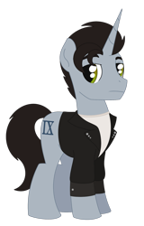 Size: 1115x1747 | Tagged: safe, artist:dyonys, oc, oc only, oc:ice nine, pony, unicorn, clothes, frown, horn, ice nine kills, jacket, leather jacket, looking at you, male, ponified, shirt, simple background, spencer charnas, stallion, standing, transparent background, unicorn oc
