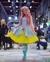 Size: 1080x1350 | Tagged: safe, artist:yofipie, fluttershy, human, equestria girls, g4, bare shoulders, clothes, cosplay, costume, fall formal outfits, irl, irl human, photo, sleeveless, strapless
