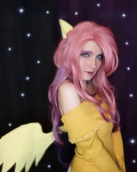 Size: 1080x1350 | Tagged: safe, fluttershy, human, g4, bare shoulders, clothes, cosplay, costume, irl, irl human, photo, stars