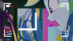 Size: 3413x1920 | Tagged: safe, edit, edited screencap, editor:itsmgh1203, screencap, rainbow dash, do it for the ponygram!, equestria girls, equestria girls series, g4, spoiler:eqg series (season 2), boobshot, breasts, camera shot, clothes, cutie mark on clothes, female, geode of super speed, hoodie, jewelry, lockers, magical geodes, necklace, open mouth, rainbow dash's prank fail, screaming, solo