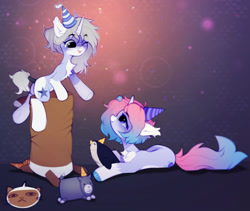 Size: 1280x1081 | Tagged: safe, artist:astralblues, oc, oc only, oc:astral blues, oc:silver star, bird, penguin, pony, unicorn, birthday, body markings, chest fluff, coat markings, colored hooves, ear fluff, female, hat, horn, looking at each other, looking at someone, lying down, mare, one eye closed, pale belly, party hat, prone, socks (coat markings), unicorn oc