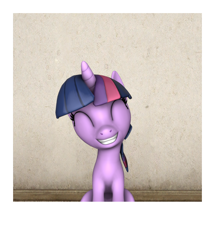 Size: 2460x2863 | Tagged: safe, artist:charismatic pony, twilight sparkle, pony, unicorn, g4, 3d, eyes closed, grin, high res, polaroid, revamped ponies, sitting, smiling, solo, source filmmaker, unicorn twilight, wall