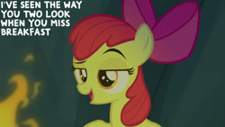 Size: 1280x720 | Tagged: safe, edit, edited screencap, editor:quoterific, screencap, apple bloom, earth pony, pony, campfire tales, g4, season 7, apple bloom's bow, bow, female, filly, foal, hair bow, open mouth, open smile, smiling, solo