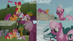 Size: 1280x720 | Tagged: safe, edit, edited screencap, editor:quoterific, screencap, apple bloom, cheerilee, diamond tiara, discord, scootaloo, silver spoon, snails, snips, sweetie belle, twist, draconequus, earth pony, pegasus, pony, unicorn, g4, season 2, the return of harmony, apple bloom's bow, bow, colt, cutie mark crusaders, female, filly, foal, hair bow, male, mare, offscreen character, open mouth, open smile, smiling, statue