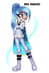 Size: 2518x3779 | Tagged: safe, artist:opal_radiance, oc, oc only, oc:opal rosamond, equestria girls, g4, boots, crossed arms, female, high res, open mouth, open smile, shoes, simple background, smiling, solo, transparent background
