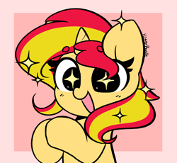Size: 4272x3931 | Tagged: safe, artist:kittyrosie, sunset shimmer, pony, unicorn, g4, absurd resolution, cute, eyebrows, eyebrows visible through hair, female, mare, open mouth, open smile, pink background, shimmerbetes, simple background, smiling, solo, sparkles, sparkly eyes, wingding eyes