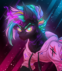 Size: 4300x4920 | Tagged: safe, artist:rico_chan, oc, pony, unicorn, bust, clothes, hoodie, magic, neon, portrait, solo