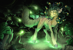 Size: 4000x2756 | Tagged: safe, artist:rico_chan, oc, earth pony, firefly (insect), insect, pony, glowing, glowing eyes, green, hoof fluff, medusa, night, roots, solo, swamp