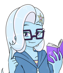 Size: 640x740 | Tagged: safe, alternate version, artist:batipin, trixie, equestria girls, g4, book, cute, cute little fangs, fangs, female, glasses, looking at you, multiple variants, simple background, smiling, solo, transparent background