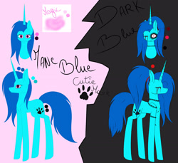 Size: 2558x2345 | Tagged: safe, artist:maneblue, oc, oc only, pony, unicorn, female, high res, horn, mare, paw prints, reference sheet, unicorn oc