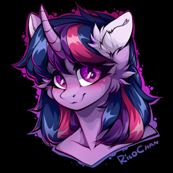 Size: 1500x1500 | Tagged: safe, alternate version, artist:rico_chan, twilight sparkle, unicorn, anthro, g4, bare shoulder portrait, bare shoulders, black background, bust, cheek fluff, ear fluff, female, graffiti, portrait, simple background, solo