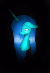 Size: 1898x2787 | Tagged: safe, artist:maneblue, oc, oc only, pony, unicorn, black background, bust, female, frown, hair over one eye, horn, mare, simple background, solo, unicorn oc