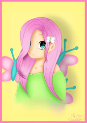 Size: 2059x2912 | Tagged: safe, artist:maneblue, fluttershy, butterfly, human, g4, bust, clothes, cutie mark background, hairpin, high res, humanized, signature, smiling, solo