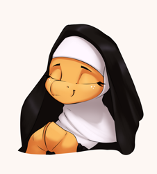 Size: 1953x2163 | Tagged: safe, artist:aquaticvibes, applejack, earth pony, pony, g4, bust, clothes, cute, eyes closed, female, freckles, hooves together, jackabetes, mare, nun, nun applejack, praying, simple background, smiling, solo