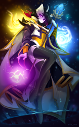 Size: 3000x4800 | Tagged: safe, artist:rico_chan, oc, anthro, unguligrade anthro, cape, clothes, curved horn, dota 2, glowing, horn, invoker, magic staff, ponified, solo