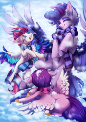 Size: 1748x2480 | Tagged: safe, artist:rico_chan, pipp petals, queen haven, zipp storm, pegasus, pony, g5, my little pony: a new generation, clothes, cold, cute, daaaaaaaaaaaw, family, female, floppy ears, foal, mare, mother and child, mother and daughter, royal sisters (g5), scarf, siblings, sisters, snow, striped scarf, trio, winter, younger