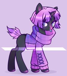 Size: 1024x1170 | Tagged: safe, artist:miioko, oc, oc only, pony, unicorn, :p, base used, clothes, colored hooves, eye clipping through hair, horn, purple background, simple background, solo, tongue out, unicorn oc