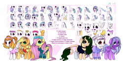 Size: 2500x1250 | Tagged: safe, artist:ponsel, applejack, fluttershy, oc, earth pony, pegasus, pony, unicorn, g4, base, clothes, horn, pay to use, unicorn oc, wings