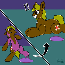 Size: 3000x3000 | Tagged: safe, artist:foxxo666, oc, oc only, oc:funny bones, inflatable pony, pooltoy pony, comic, commission, exclamation point, floppy ears, forced smile, grin, high res, inanimate tf, inflatable, liquid latex, lying down, pool toy, prone, shocked, smiling, standing, standing on one leg, transformation, wingding eyes