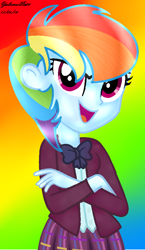 Size: 580x1002 | Tagged: safe, artist:yulianapie26, rainbow dash, equestria girls, g4, abstract background, alternate hairstyle, base used, bowtie, bust, clothes, clothes swap, crossed arms, crystal prep academy uniform, eyelashes, female, looking at you, open mouth, open smile, school uniform, shirt, show accurate, signature, skirt, smiling, smiling at you, solo, three quarter view