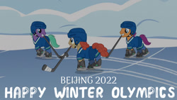 Size: 1280x720 | Tagged: safe, edit, edited screencap, editor:quoterific, screencap, forecheck, grape candy, pumpkin puck, earth pony, pony, g4, season 5, tanks for the memories, beijing 2022, helmet, hockey, male, mouth hold, olympic games, olympic winter games, olympics, snow, sports, stallion, winter olympic games, winter olympics
